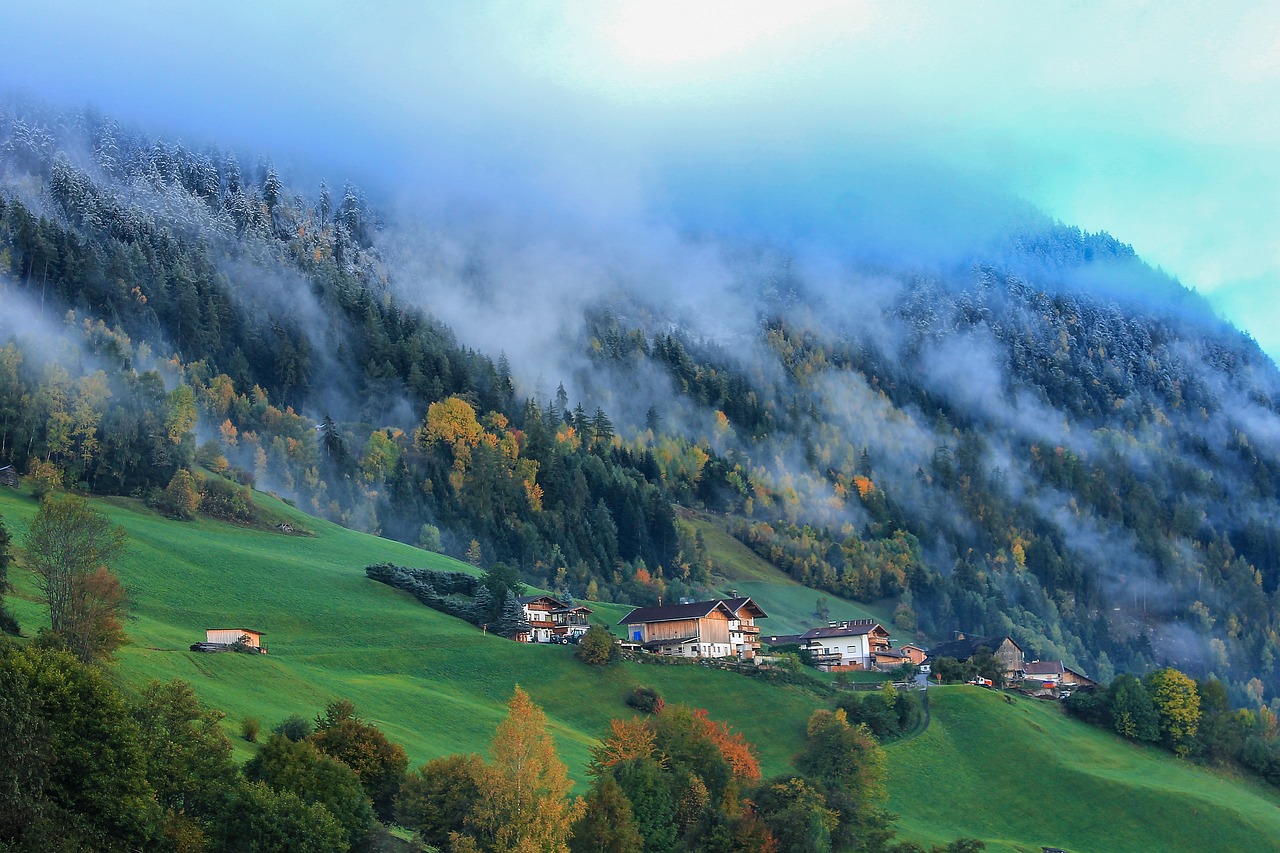 View on the houses in the mountains during the fall